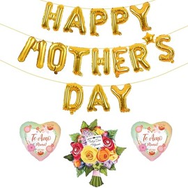Happy Mothers Day Balloons Banner - Gold Mother's Day Balloons Flower Balloon and Heart Balloon for Mothers Day Decorations Supplies