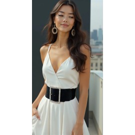 Awaystyle4you Women Black Elastic Band Cinch Look Belt Metal Gold Bling Square Buckle Size S M