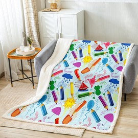 Kids Cartoon Pencil Sherpa Blanket Colorful Nursery Fleece Throw Blanket Cute Crayon Plush Blanket for Kids Boys Girls Funny Art Printed Fuzzy Blanket Throw 50"x60"