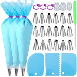 Wddeevoi Piping Bags and Nozzles Set, Cakes Decorating Kit Supplies with 3 Reusable Pastry Bags, 18 Frosting Tips, 3 Couplers, 3 Bag Ties, 3 Cake Scraper, 1 Cake Decorating Tools for Cookie Icing