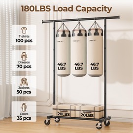 HYSEYY Clothes Rack, Clothing Rack for Hanging Clothes, Rolling Garment Rack Sturdy Coat Rack Portable Wardrobe Rack Metal Closet Rack for Bedroom Laundry Living Room, Black