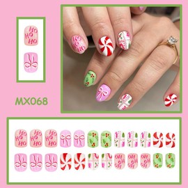 Christmas Press on Nails Short Square Fake Nails with Cute Bow Design Glossy Red White Striped Nails Press ons Holly Fruit Glue on Nails Winter Xmas Holiday Acrylic Nails for Women Manicure 24Pcs