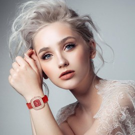 JewelryWe Iced-Out Square Elastic Watch: Easy Reader Analog Quartz Stretch Band Dress Watch Expansion Band Wristwatch for Women