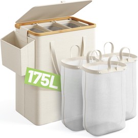 Raybee 175L Laundry Hamper with Lid 3 Section, Extra Large Laundry Basket with 3 Removable Bags, 46 GAL Laundry Basket Organizer for Bedroom, Laundry Room, Dorm, Beige