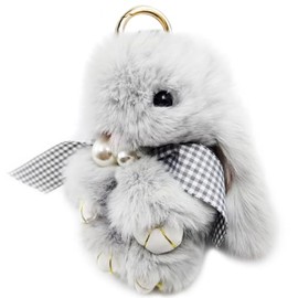 jtkdxqs Soft Cute Bunny Keychain Artificial Rabbit Fur Plush Fluffy Pom pom Keychain Rabbit Keychain With Pearl Bow Tie for Women,gray blue