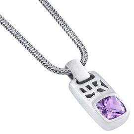 PEORA Amethyst Tag Pendant Necklace for Men in Sterling Silver, 2.75 Carats Cushion Cut, Brushed Finished, with 22-Inch Italian Chain, Men's Amethyst Necklace, February Birthstone Necklace