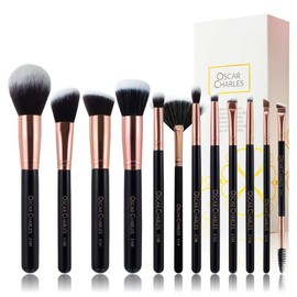 Oscar Charles Luxe Professional Makeup Brushes, 12 Piece Professional Set, Rose Gold and Black, Vegan Synthetic Fibres