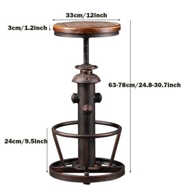 Vintage Swivel Bar Stool Industrial Coffee Kitchen Dining Chair Fire Hydrant Design Height Adjustable 24.8-30.7inch Solid Wooden Seat