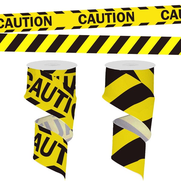 2 Rolls 10 Yards Caution Wired Edge Ribbons, 2.5inch Caution