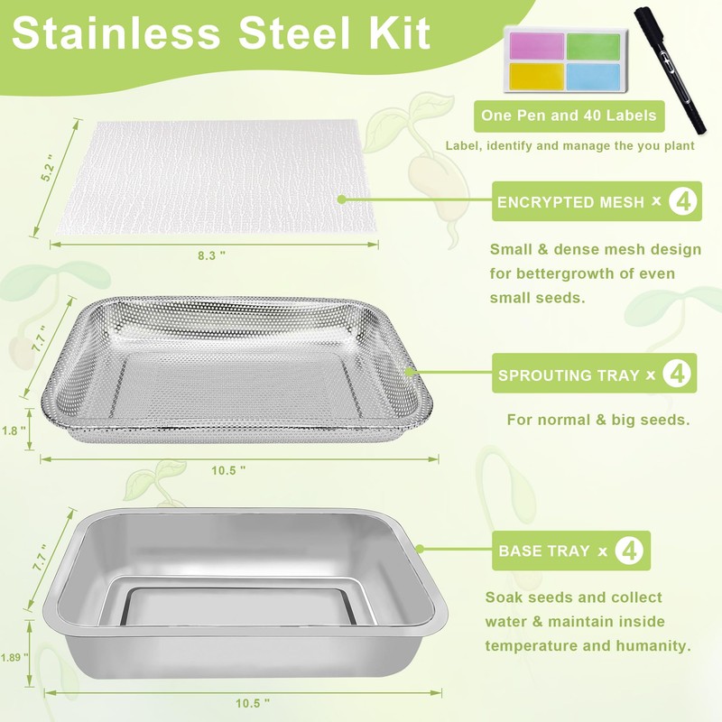TCYPUHL Stainless Steel Sprouts Growing Kit 4-Tier 10.4 inch Trays,