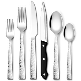 EUIRIO 48-Piece Hammered Silverware Set with Steak Knives for 8, Heavy Duty Stainless Steel Flatware Cutlery Set For Home Kitchen Restaurant, Kitchen Utensils Set, Mirror Polished, Dishwasher Safe