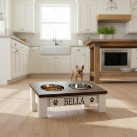 GTW Classic Dog Feeder - Elevated Stand with Stainless Steel Bowls Farmhouse Style, Anti-Slip, Easy Clean, Chic & Durable Design (Tilted, Dark Walnut)