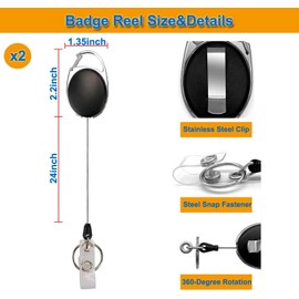 Heavy Duty Badge Holder Set - 2 Metal Reels with 24" Cord & 2 Waterproof ID Holders, 360° Rotating Clip for Work Cards