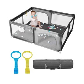 dearlomum Baby Playpen with Mat 71" X 59", Indoor & Outdoor Kids Activity Play Center with Anti-Slip Suckers and Zipper Gate(Grey)