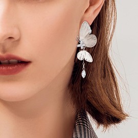 BriLove Elegant Shiny Cubic Zirconia Butterfly Clip-on Dangle Earrings for Wedding Party Prom Daily Wear Trendy Jewelry Accessory Clear Silver-Tone