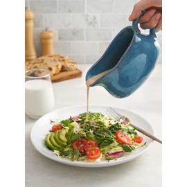LE TAUCI 17oz Gravy Boat with Saucer Stand, Set of 2, Ceramic Sauce Boat with Tray for Salad Dressings, Creamer, Broth, Black Pepper, Ceylon Blue