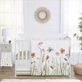 Sweet Jojo Designs Girl Baby Crib Skirt Bed Dust Ruffle Bedskirt for Nursery Solid White Beige Fringe Tassel for Watercolor Boho Floral Garden Flower Bohemian Farmhouse Vintage Shabby Chic Nature