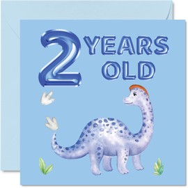 Stuff4 2nd Birthday Card - Dinosaur & Balloons - Happy Birthday Card 2 Year Old Boy, Boys Birthday Cards for Him, 5.7 x 5.7 Inch Greeting Card for Son Nephew Grandson Kid Children
