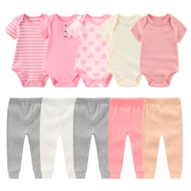MAMIMAKA 10 Pack Baby Girl Bodysuit Pant Set Cotton Newborn Baby Clothes Pink One-Piece Vest, 0-3 Months