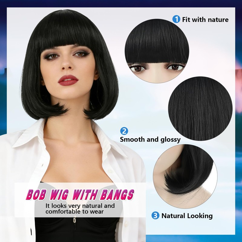 Tereshar Black Bob Wig with Bangs for Women Short Straight
