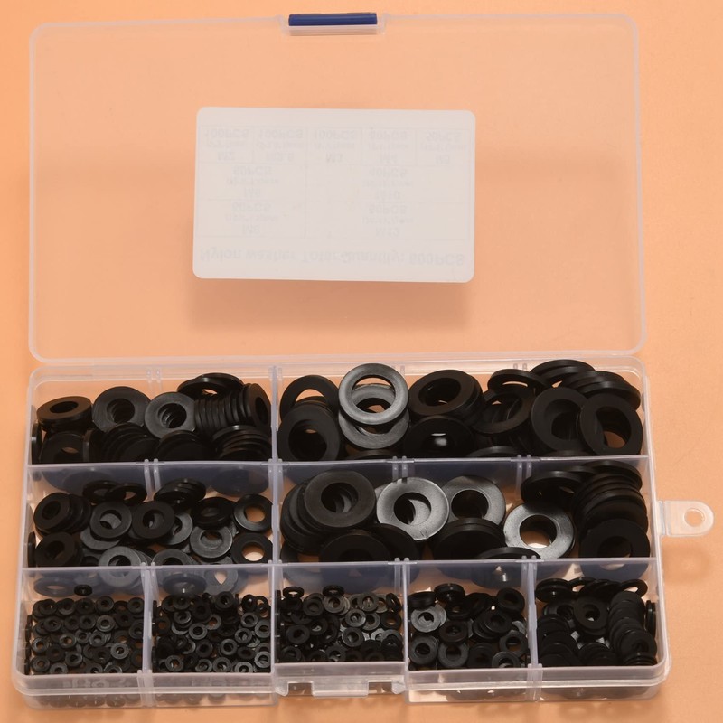RESFNSE 600Pcs Black Nylon Rubber Flat Washer Assortment Kit for