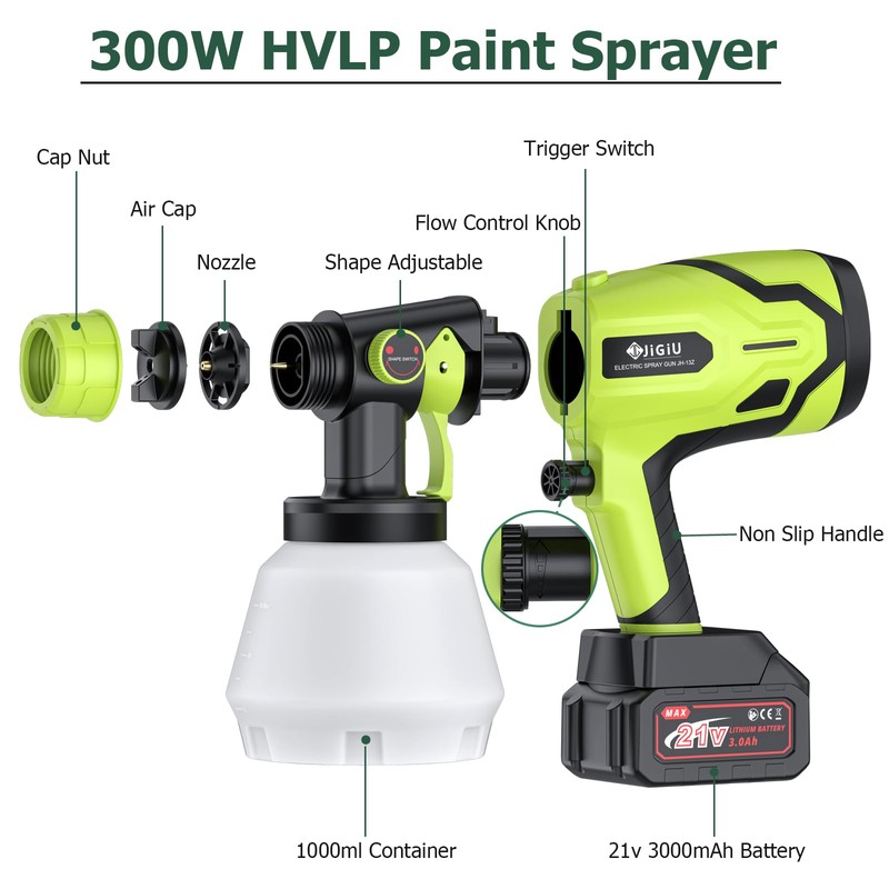 JiGiU Cordless Paint Sprayer Fence HVLP Spray Gun Electric Spray
