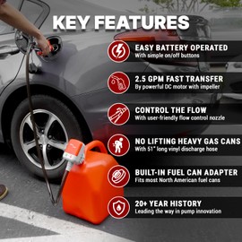 TERA PUMP - 2nd Gen. Fuel Transfer Pump with High Flow Nozzle [2.5 Gal/Min] with Universal Gas Can Adapter, AA x 4 Battery Powered, 4.2-ft Extended Vinyl Hose
