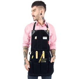 Under NY Sky Tool Black Apron – Heavy-Duty Waxed Canvas, Leather Reinforcement, Extra Pockets – Adjustable for Men and Women – Pro Mechanic, Woodworker, Blacksmith, Plumber, Electrician, Welder Aprons