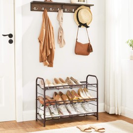 SONGMICS Shoe Rack, 3 Tier Shoe Organizer for Closet, Holds up to 12 Pairs of Shoes, Shoe Rack for Front Door Entrance, Metal Shoe Shelf with Adjustable Tilt Angle, for Entryway, Garage, Bronze