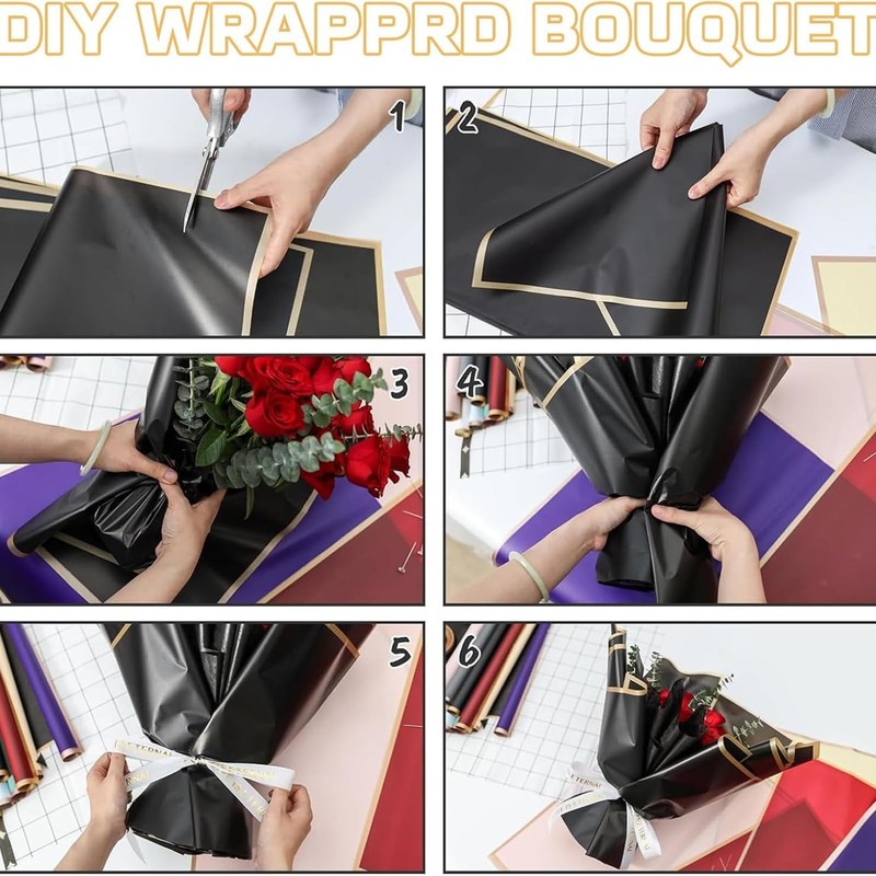 Black Flower Bouquet Wrapping Paper 20 Sheets Gold Edge Flower