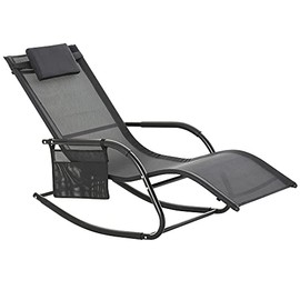 Outsunny Outdoor Rocking Chair, Patio Sling Sun Lounger, Pocket, Recliner Rocker, Lounge Chair with Detachable Pillow for Deck, Garden or Pool, Black