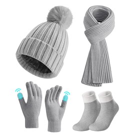 Winter Hat Scarf Gloves Set, 4pcs Beanie Hat and Scarf Set with Touchscreen Gloves and Thermal Sock, Thicken Knit Fleece Lined Skiing Beanie Skull Cap Winter Warmer Set for Women Ladies Outdoor Sports