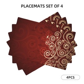 VIGGINER Burgundy Placemats Set of 4 Linen Washable Red Floral Swirls Ivy Image Ombre Details Placemat Kitchen Dining Heat-Resistant Place Mats Flower Art Table Mats for Home Party 12x18 Inch