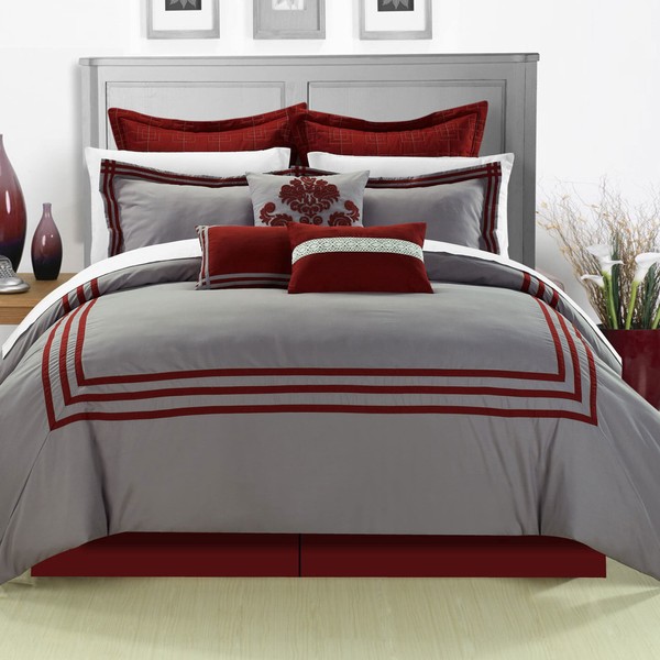 Chic Home Cosmo Red King - 8 pc Embroidered Comforter Set