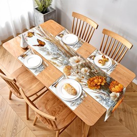 Elegant Floral & Butterfly Table Runner and Placemats Set – Autumn Linen Table Decor for Dining Room, Thanksgiving & Harvest – 1 Table Runner & 4 Matching Placemats – Rustic Fall Butterfly Design