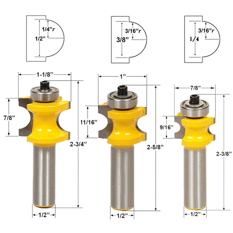 Gasea 5pcs 1/2 Inch Half Round Bearing Bullnose Router Bits