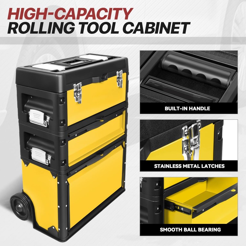 D SOLUTIONS Rolling Tool Box, 3-Drawer Stackable Storage Trolley Garage