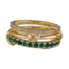 MDJY Gold Interlocking Stackable Rings for Women Non Tarnish,18K Gold Plated Green and Silver Cubic Zirconia Statement Rings Set Size 7-9, Mixed Metals, Created Zircon
