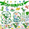 164pcs Three Rex Birthday Decorations Boy Tableware, 3 Rex Birthday