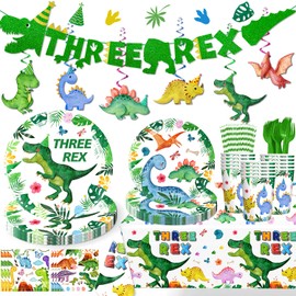 164pcs Three Rex Birthday Decorations Boy Tableware, 3 Rex Birthday Decorations Boys Include Dinosaur Birthday Plates Three Rex Banner Tablecloth etc, Dinosaur 3rd Birthday Decorations for Boys