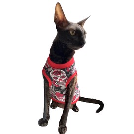 Kotomoda Sphynx Cat Clothes T-Shirt Red Skull (S)