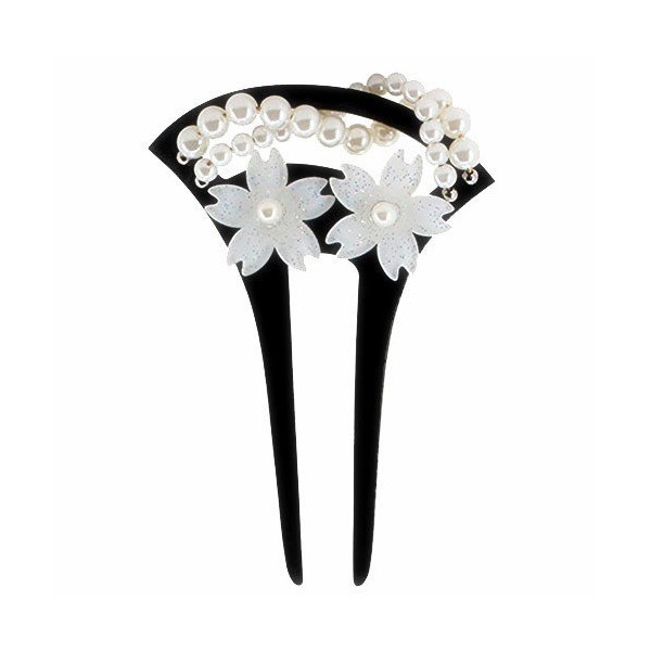 FINGER LOVE Acrylic Geisha 2-Prong Hair Stick Fork with White Flowers and Faux Pearls