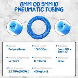 NORJIN 8mm OD 5mm ID Polyurethane PU Air Hose Pipe Tube Kit, 100ft/32M High Flexibility Pneumatic Tubing Air Line Tubing, Blue