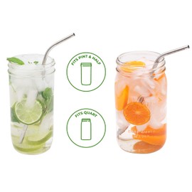 Long Thin Bent Stainless Steel Straws for Quart or Pint & Half Mason Jars, 4 Pack + Cleaning Brush