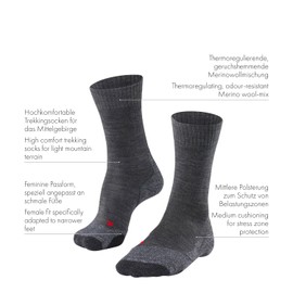 FALKE TK2 Women's Hiking Socks Medium Padding Anti-Bubble Warm Trekking Socks Breathable Quick-Drying Climate Regulating Odour-Inhibiting Wool Functional Material 1 Pair