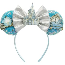 Roffiy Sparkling Blue Sequin Mouse Ears Headband with Castle Bows - Elegant Princess Hairband Hair Accessories for Women & Adults, Theme Park Costume Parties