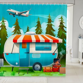 Erosebridal Camping Shower Curtain Set Happy Camping Camper Bath Curtain 72" Wx72 L,Camping Themed Shower Curtain for Kids Child,Old Barn Door Sketch Drawing Jungle Trees Camper Decor
