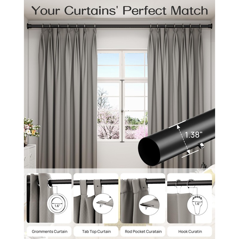 Tension Curtain Rod By EZFurni,123-160 Inches, Heavy Duty Tension Rod,Adjustable
