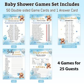 HOMANGA Baby Shower Games for Boy Girl, 4 Fun Games for 25 Guests, Who Knows Mommy Best, Guess Who Mommy or Daddy, Word Scramble, Baby's Descriptions & Well Wishes, Blue Bear Baby Showers Decorations