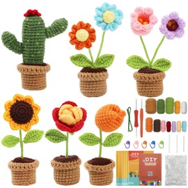 Beginner Crochet Kit for Adults, Crochet Kits for Starters, Learn to Crochet Kits Starter Craft Knitting Flower Kit with Step-by-Step Video Tutorials, Easy Crochet Kit for Beginners (6PCS Plants)